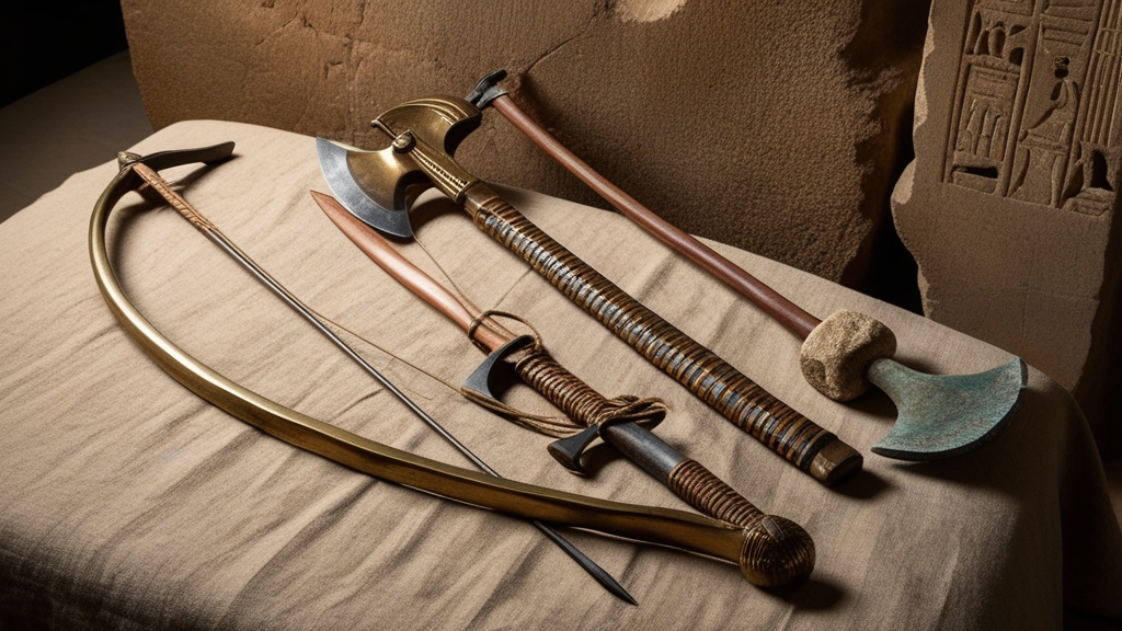 Ancient Egyptian weapons including khepesh sword, composite bow, battle axe and mace arranged on sandstone, illustrating ancient Egyptian combat