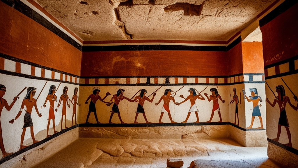 Ancient Egyptian tomb murals depicting wrestling and stick-fighting scenes in Beni Hasan style, illustrating Egyptian martial traditions