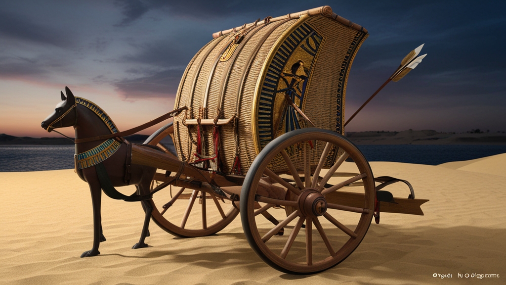 Ancient Egyptian war chariot with ornate decorations and arrow quiver on desert sand, illustrating Egyptian chariot warfare