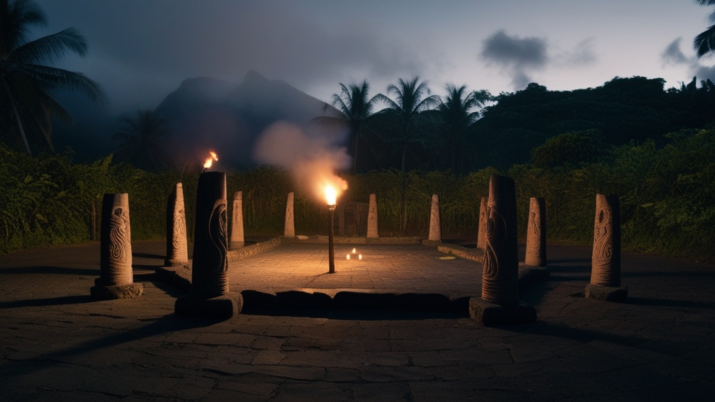 Traditional Polynesian marae ceremonial ground at dusk with carved wooden posts and torchlight, Pacific Island warrior culture
