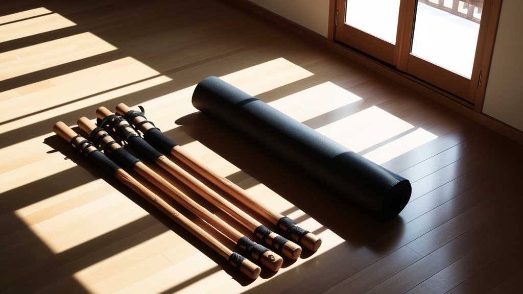 Rattan practice staffs and forearm guards for Polynesian stick fighting training arranged on a wooden dojo floor