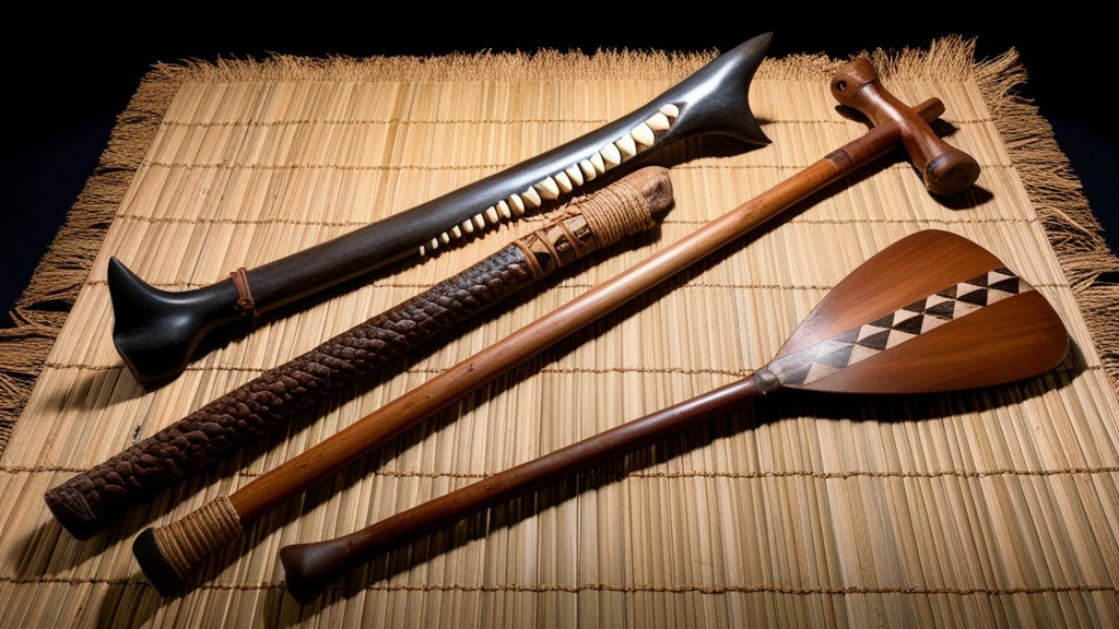 Traditional Polynesian weapons including leiomano shark-tooth club and kauila staff arranged on woven Pacific matting