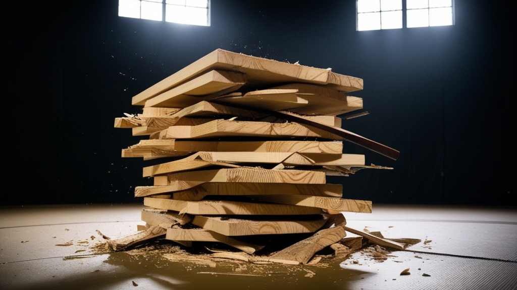 Broken pine boards used in taekwondo belt test breaking requirements