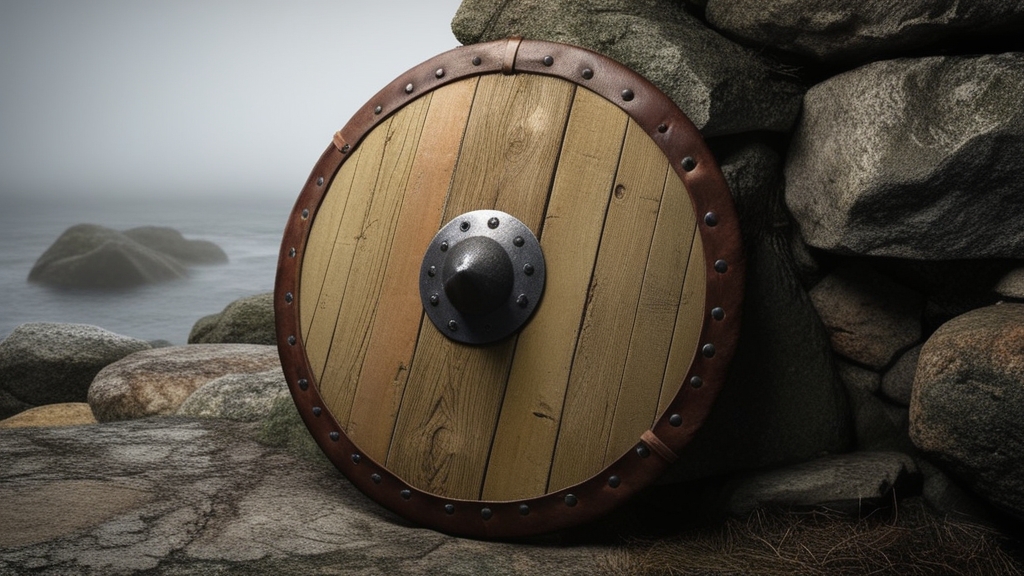 Viking round shield with iron boss against stone wall, aged leather binding, cinematic coastal atmosphere, sword and shield fighting