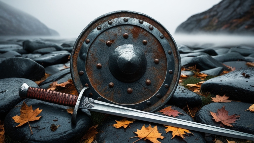 Viking sword hilt and shield boss on dark stone with autumn leaves and fjord mist, Norse martial arts cinematic atmosphere