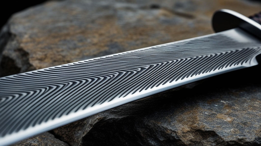 Macro close-up of pattern-welded Viking sword blade showing twisted steel grain, cold light on granite, HEMA training reference