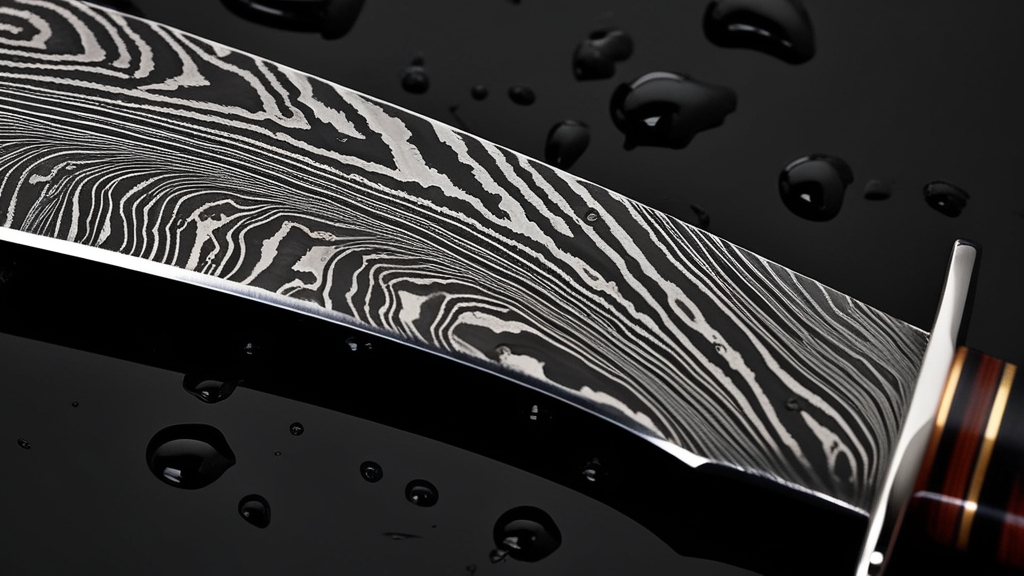 Close-up of wootz Damascus steel shamshir blade showing swirling grain pattern used in Persian sword fighting
