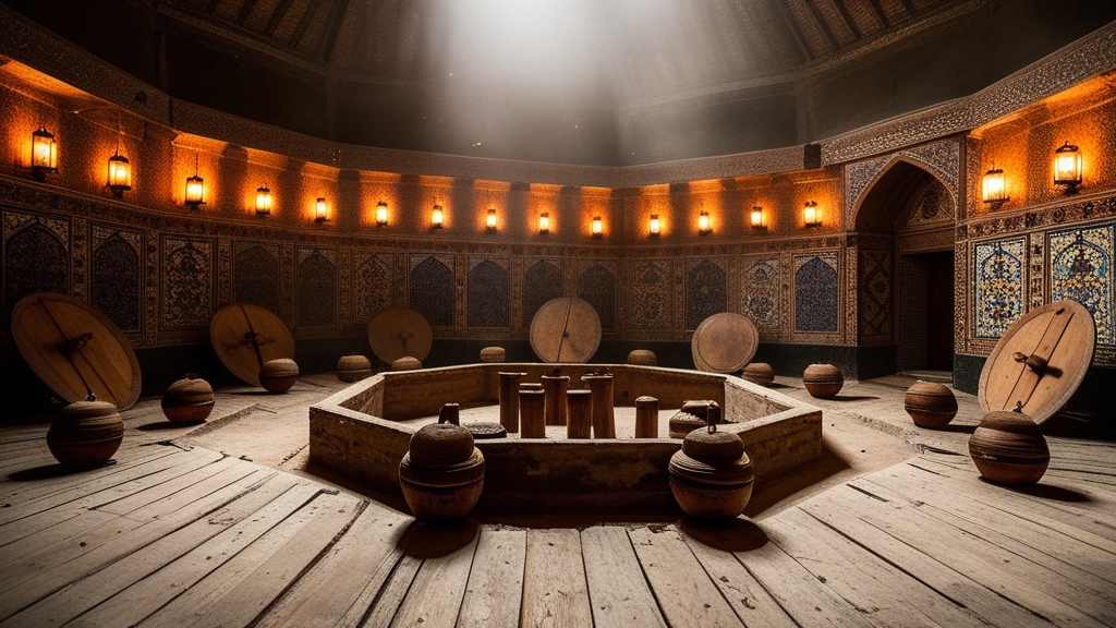 Ancient zurkhaneh interior with traditional Persian martial arts equipment mil clubs and tilework walls