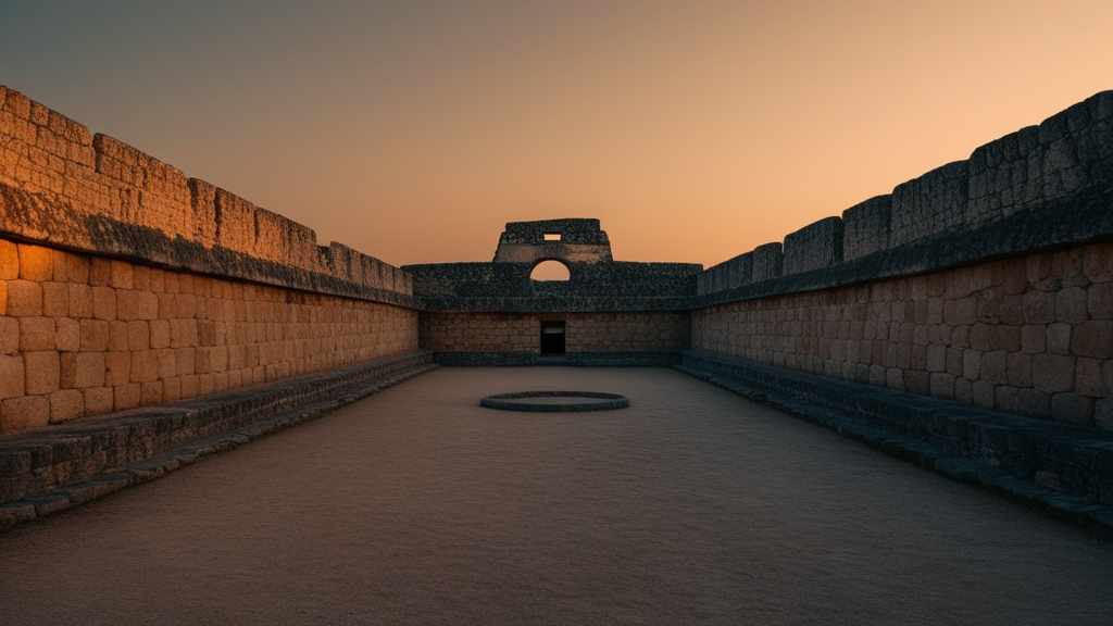 Ancient Mesoamerican tlachtli ballcourt at dusk used for Aztec warrior athletic conditioning