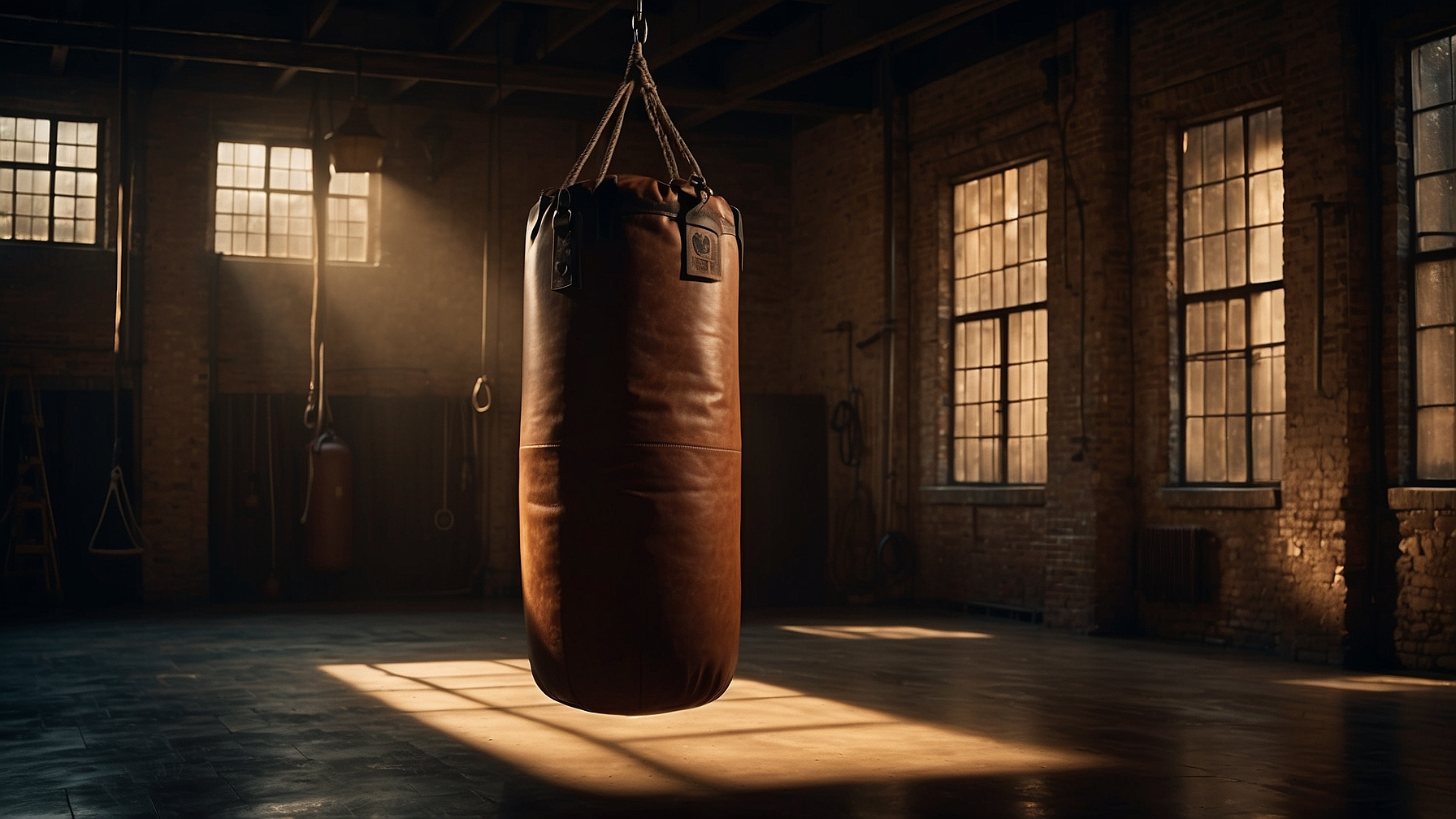 Heavy leather punching bag in a vintage gym for drilling Savate kicks and French Savate techniques