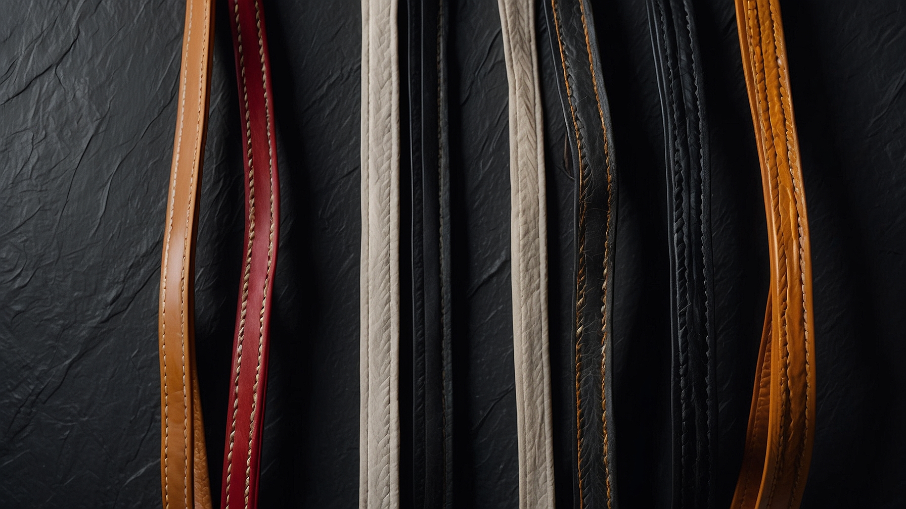 Five BJJ belts from white to black arranged on dark slate surface showing belt promotion progression