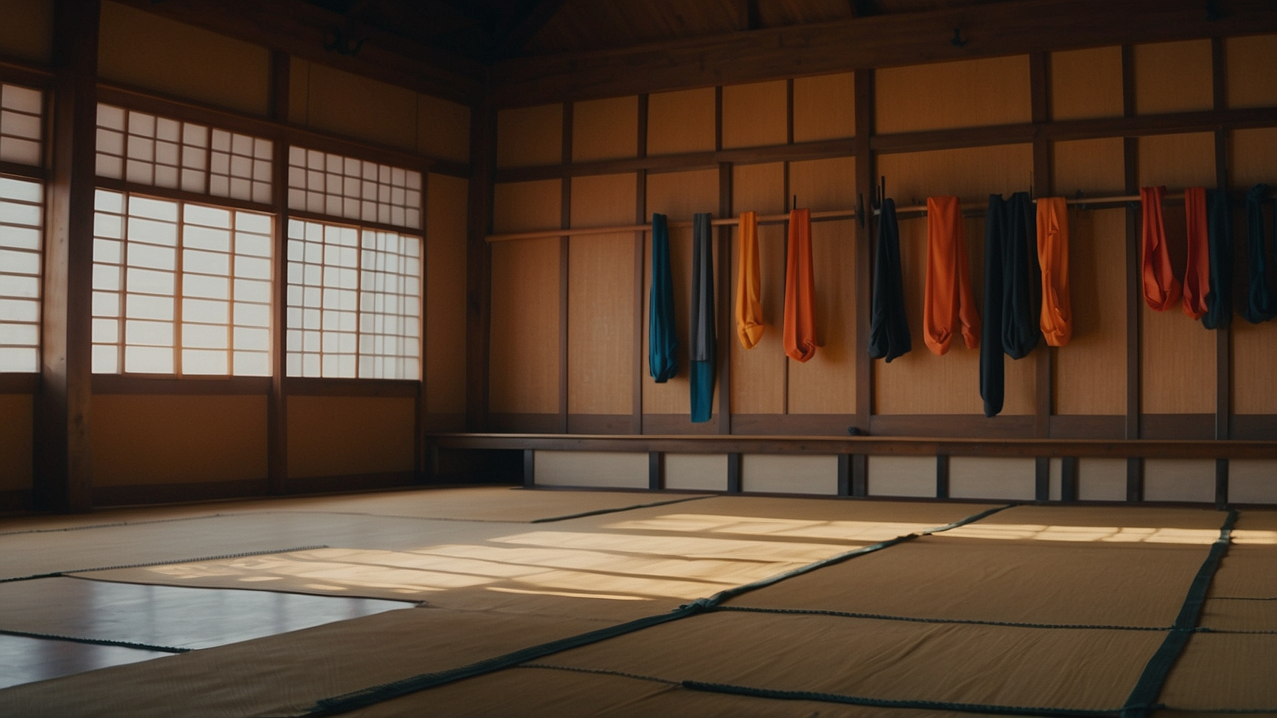 Empty martial arts dojo with colored belts on wall representing first steps in martial arts training