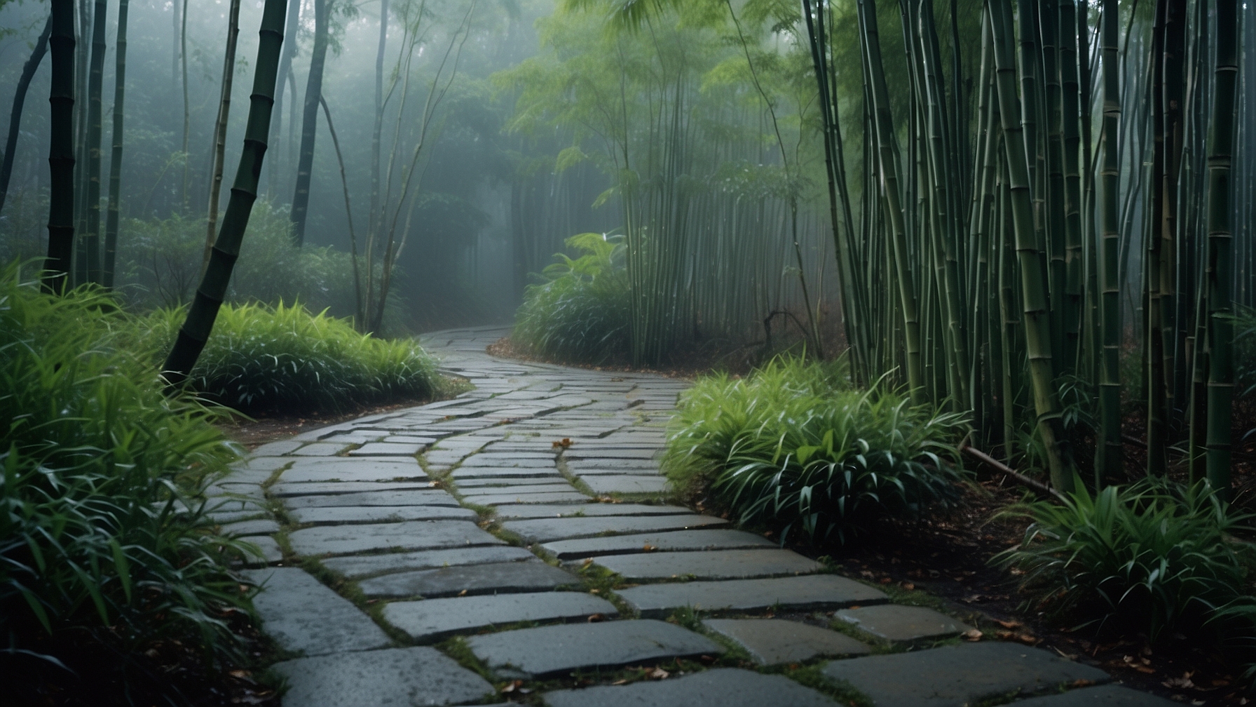 Misty bamboo garden path representing internal martial arts philosophy and Tai Chi practice