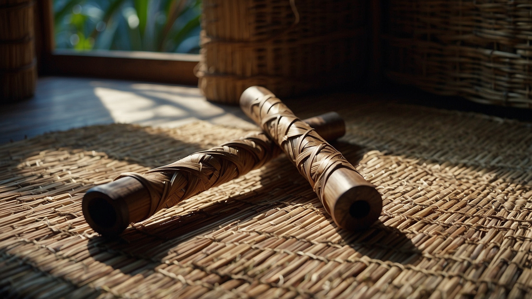 Filipino Kali Eskrima rattan sticks crossed on bamboo mat representing weapon-based martial arts styles