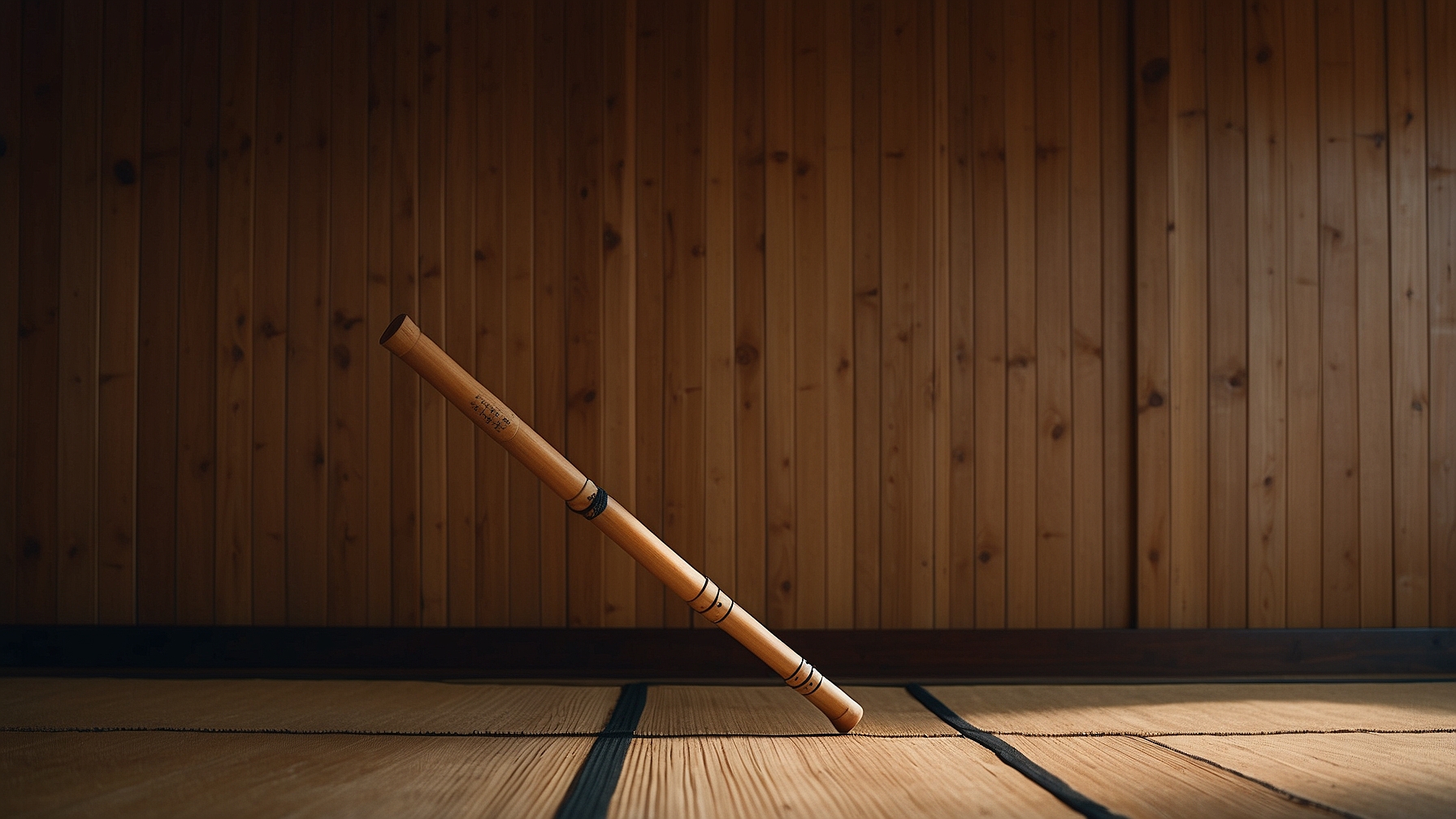 Bamboo kendo shinai against dojo wall representing weapon-based martial arts and kendo training
