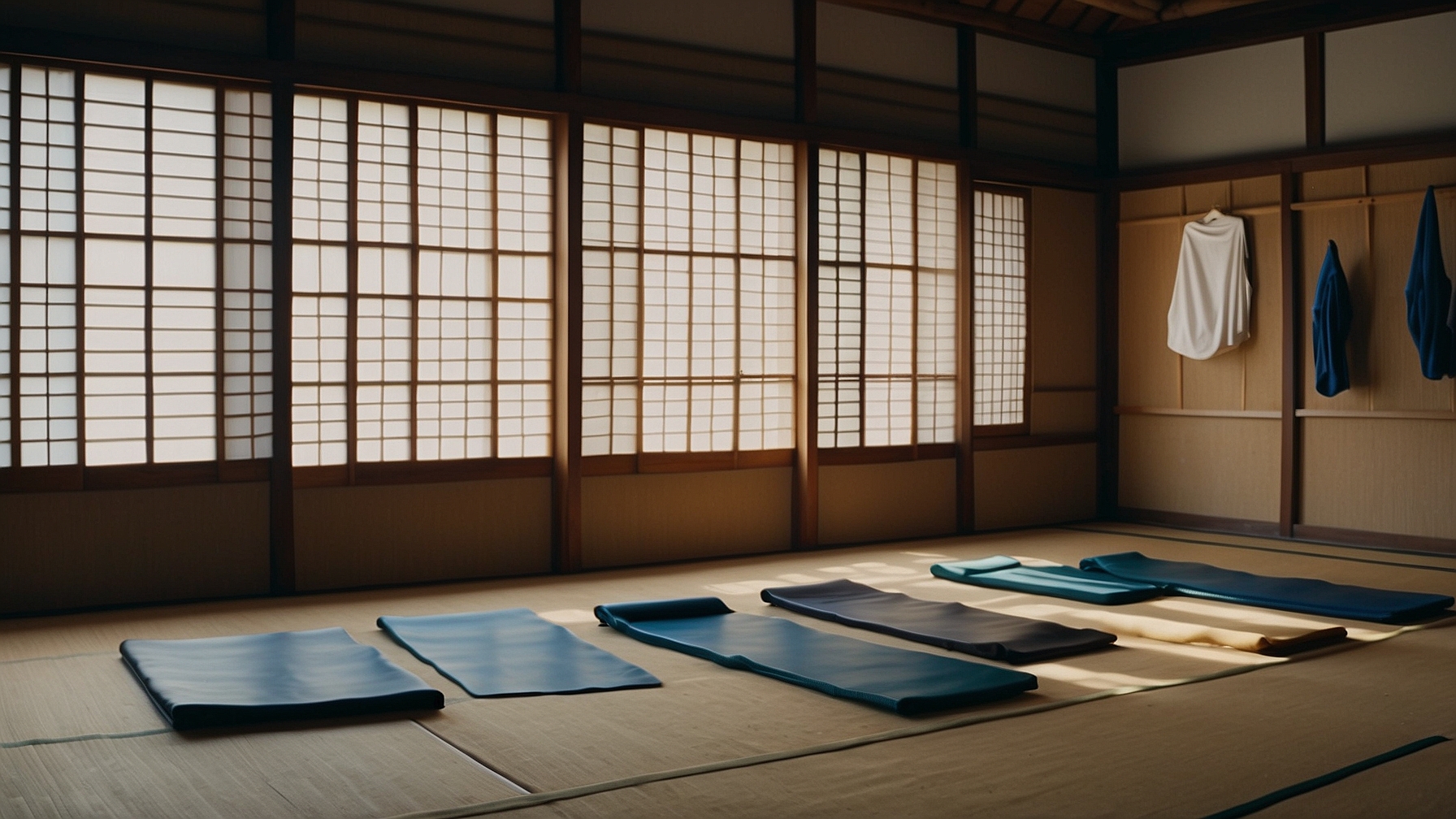 Traditional martial arts training hall with colored belts on wall rack representing rank advancement across disciplines