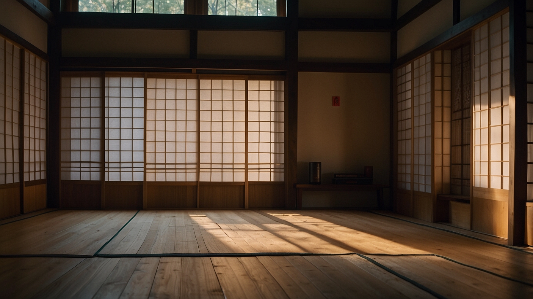 Empty traditional dojo with black belt on shelf representing dan rank martial arts progression